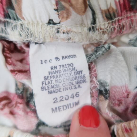 Vintage 90s Cream and Pink Rose Floral Flowy Wide Leg Pants M - Picture 4 of 4